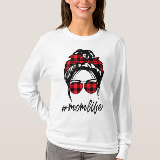 Mama Life Messy Bun Hair Leopard Karierte Momlife  T-Shirt