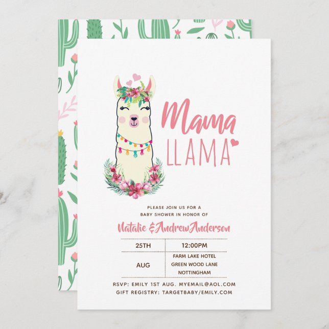 Mama Llama Baby Shower Fiesta Cacti Niedlich Girls Einladung (Vorne/Hinten)