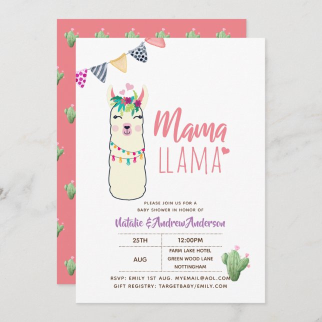 Mama Llama Baby Shower Fiesta Cacti Niedlich Girls Einladung (Vorne/Hinten)