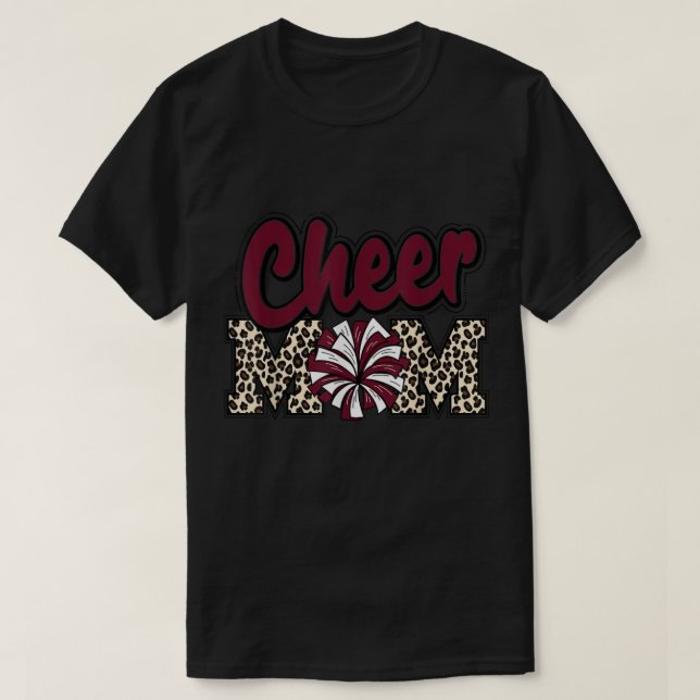 Mama Maroon Leopard Briefe Cheer Pom Poms T-Shirt (Design vorne)