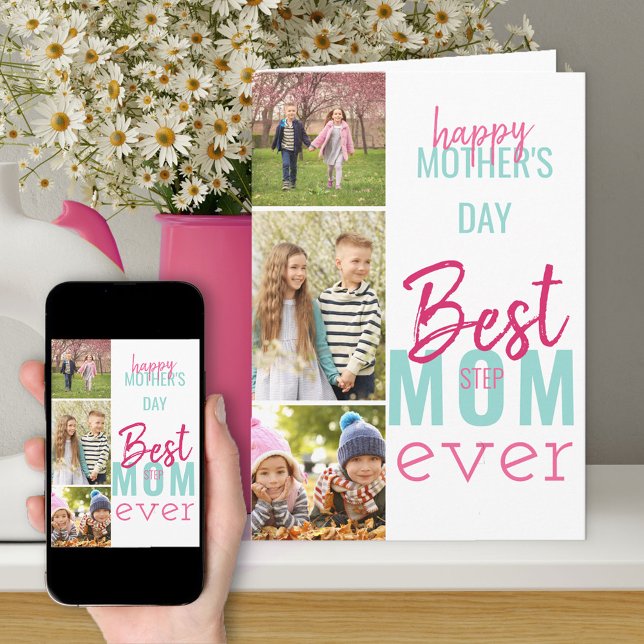 Mama mit den besten Schritten je 3 Foto Mütter Tag Karte (Best Step Mom Ever mother's day card with 3 photos)