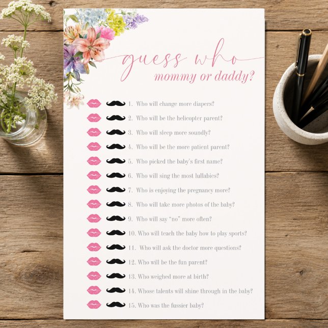 Mama oder Papa Aquarell Floral Baby Shower Spiel (Guess Who Mommy Or Daddy? Baby Shower Game - Baby in Bloom)