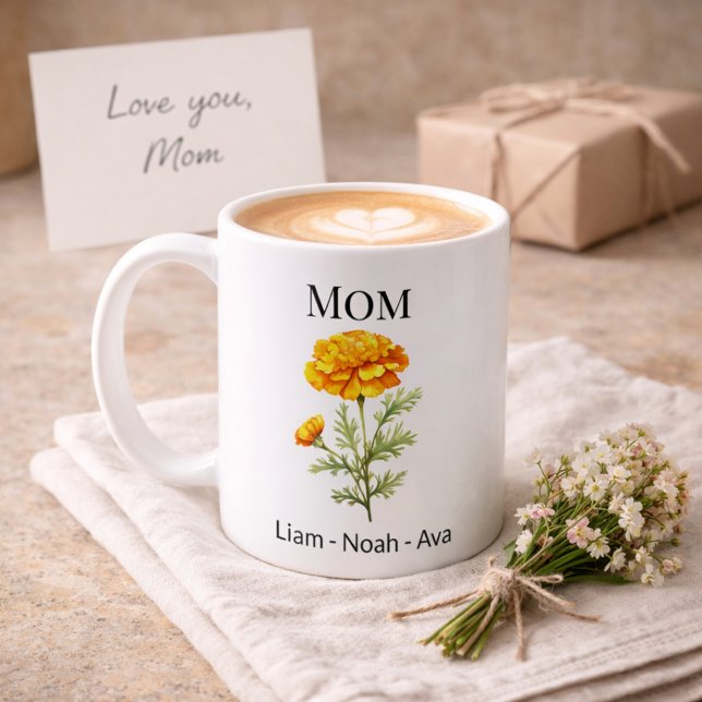 Mama Oktober Geburtsblume mit Kindernamen Kaffeetasse (Von Creator hochgeladen)