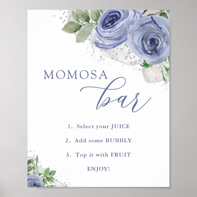 "MAMA" osa Bar, Blue and Silver Floral Baby Dusche Poster (Vorne)