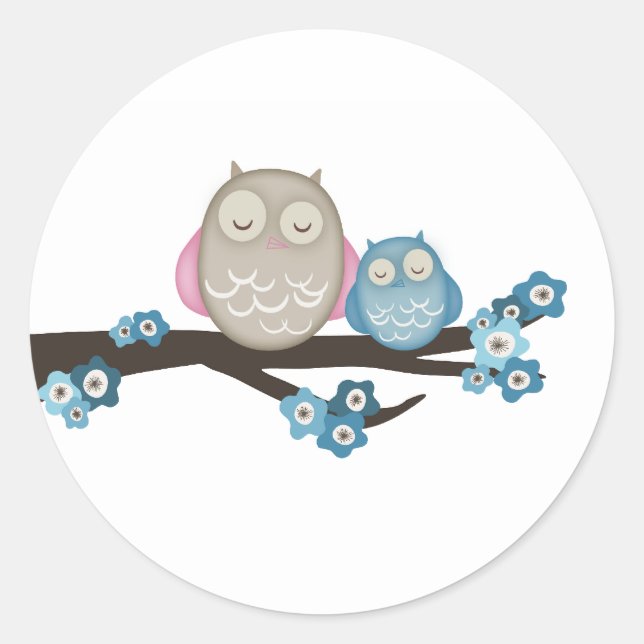 Mama Owl & Baby {Blue} | Aufkleber (Vorderseite)