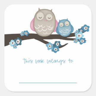 Mama Owl & Baby {Blue} | BUCHZEICHEN Quadratischer Aufkleber