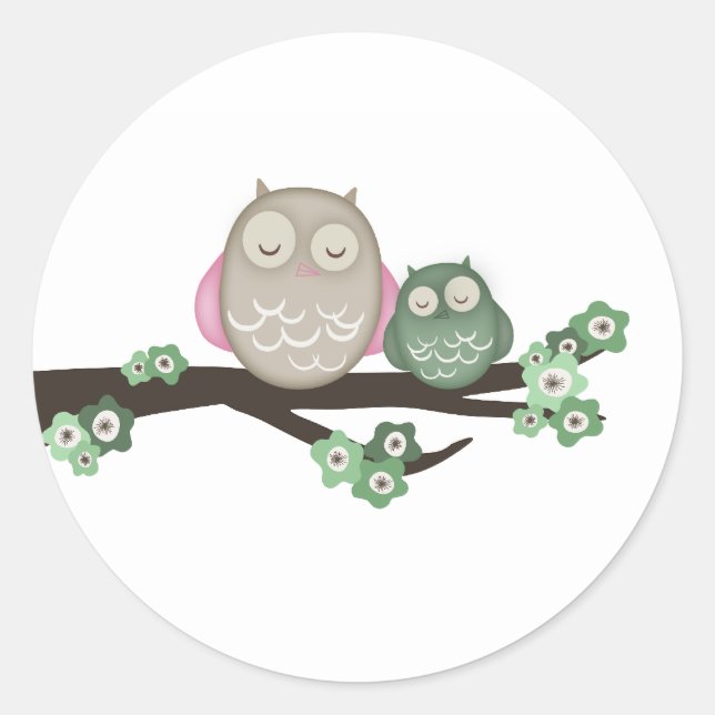 Mama Owl & Baby {Green} | Aufkleber (Vorderseite)