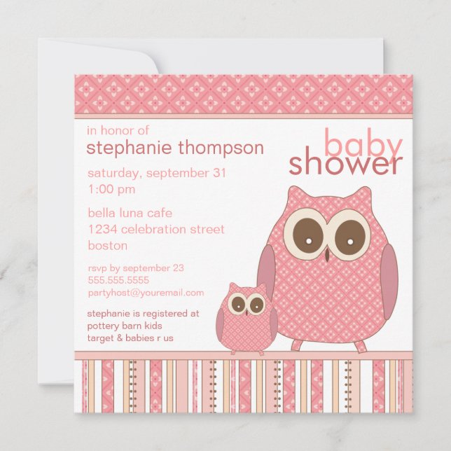 Mama Owl & Baby Owl PInk Babydusche Einladung (Vorderseite)