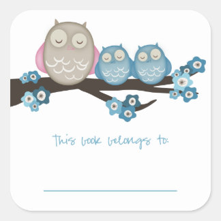 Mama Owl & Twins {Blau} | BUCHZEICHEN Quadratischer Aufkleber