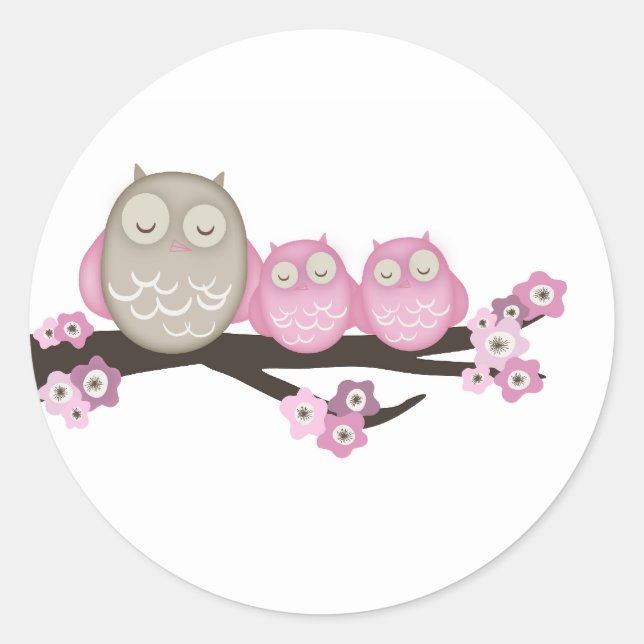 Mama Owl & Twins {Pink} | Aufkleber (Vorderseite)