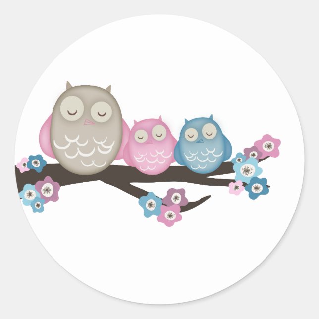 Mama Owl & Twins {Pink & Blue} | Aufkleber (Vorderseite)
