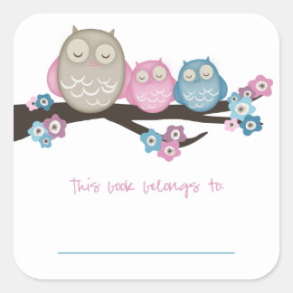 Mama Owl & Twins {Pink & Blue} | BUCHZEICHEN Quadratischer Aufkleber