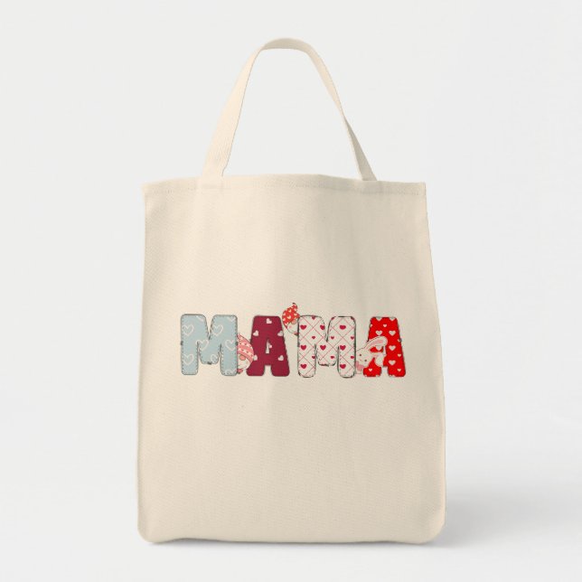 Mama Patchwork Tote Bag - Niedlicher Herzbrief Tragetasche (Vorne)