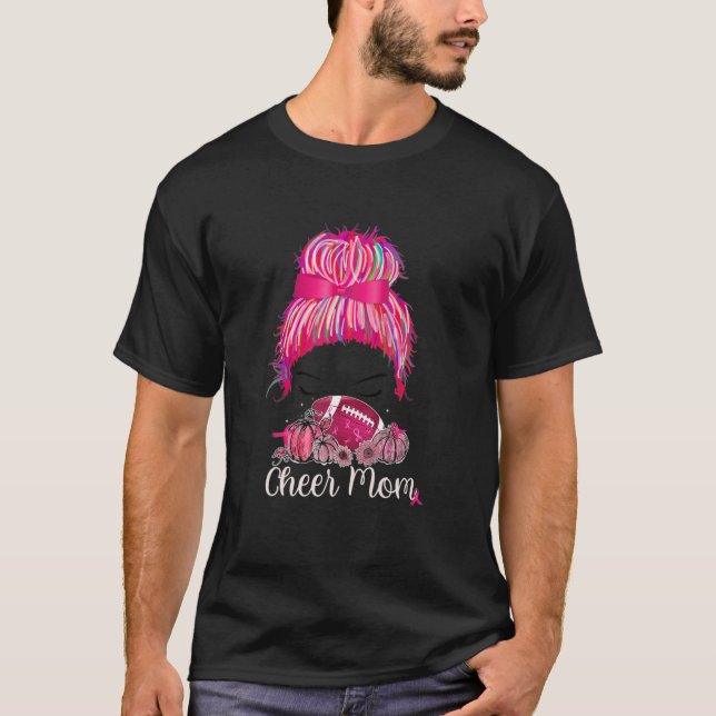 Mama Pink Out Football Mamas Messy Bun Cancer T-Shirt (Vorderseite)