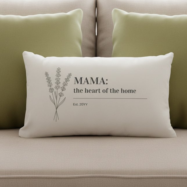 Mama Quote Heart of the Home Minimalist Lendenkissen (Elegant, neutral, minimalist botanical pillow for Mama: the heart of the home (fully editable))