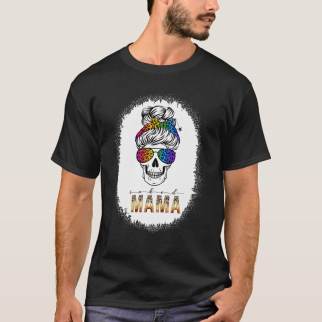 Mama Rainbow Leopard Drucke Messing Bun Skull m T-Shirt (Vorderseite)