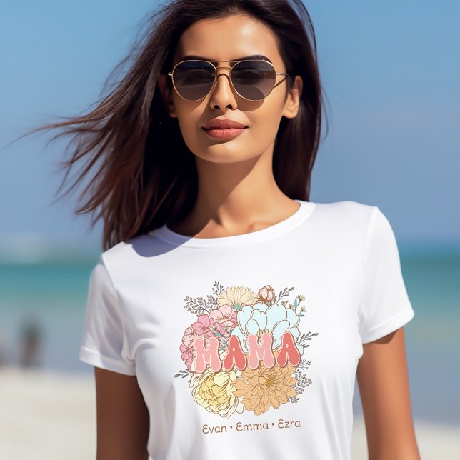 Mama Retro Mama Blumenpastel Kinder Namen Kinder T-Shirt (Mama Retro Floral Pastel Mom Children Kids Names T-Shirt)