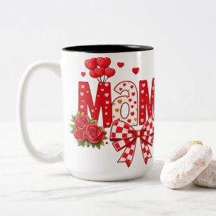 Mama rote Rose Herzen und kariertes Band Grafik Zweifarbige Tasse