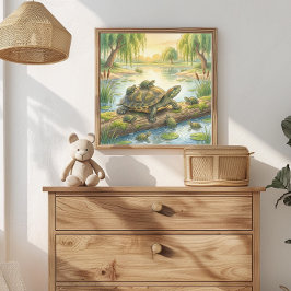 Mama-Schildkröte und Schlüpflinge in der Teichkind Poster