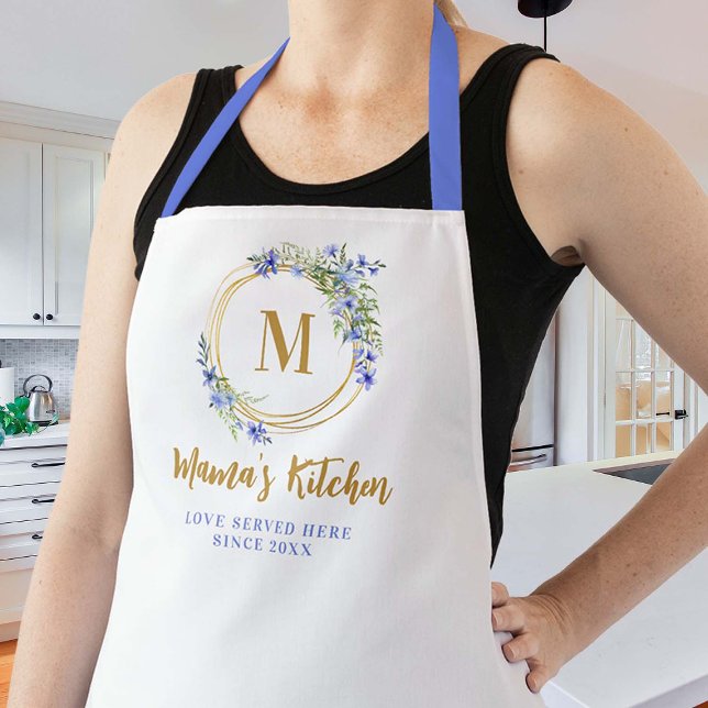 Mama Schürze Blue Meadow Wildblumen Gold Monogram (mom apron blue gold personalized christmas gift wildflowers wreath elegant pretty cute chic cooking )