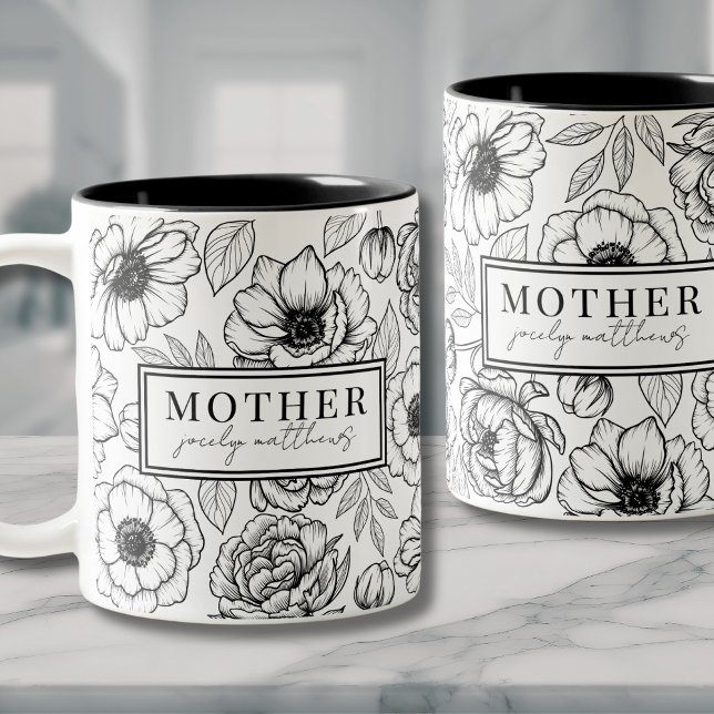 Mama Schwarz-weiß Floral Mutter Zweifarbige Tasse (Modern Black White Floral Two-Tone Coffee Mug)