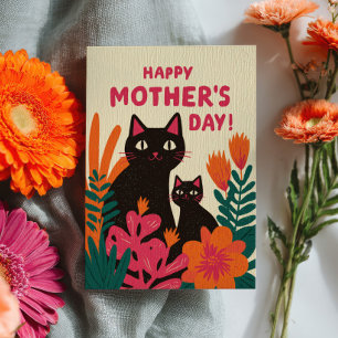 Mama Schwarze Katze & Kätzchen Blumen Glücklicher  Karte