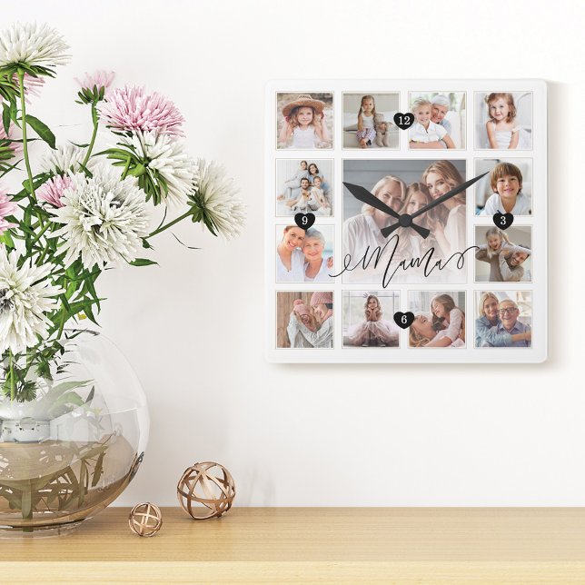 Mama Script Family Memory Foto Grid Collage Quadratische Wanduhr (Von Creator hochgeladen)