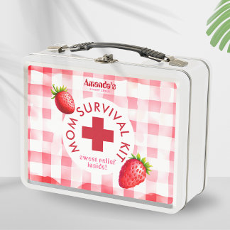 Mama Survival Kit Strawberry Gingham New Baby Gift Metall Brotdose