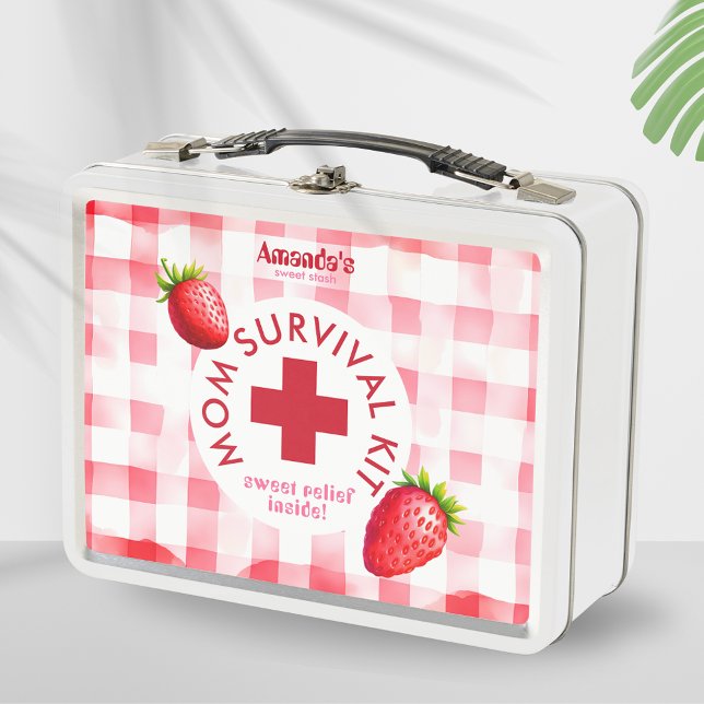Mama Survival Kit Strawberry Gingham New Baby Gift Metall Brotdose (Mom survival kit new baby shower gift tin box diy idea strawberry gingham mother fun retro hamper)