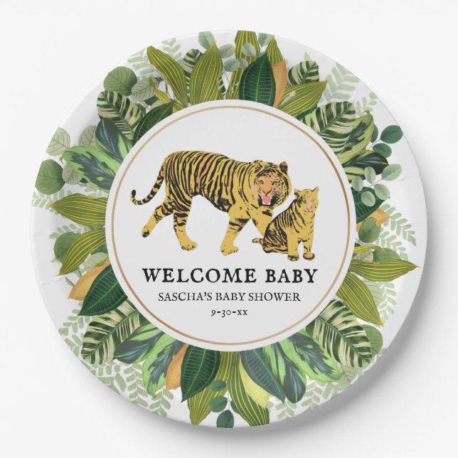 Mama Tiger Botanical Baby Shower Papierplatte Pappteller (Vorderseite)