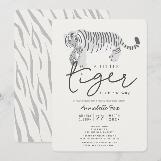 Mama Tiger & Cub Cream Gender-Neutral Baby Dusche Einladung (Vorne/Hinten)