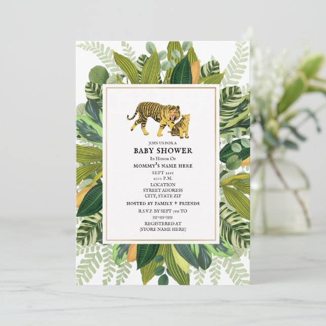 Mama Tiger Tropical Greenery Baby    DuscheInvitat Einladung (Stehend Vorderseite)