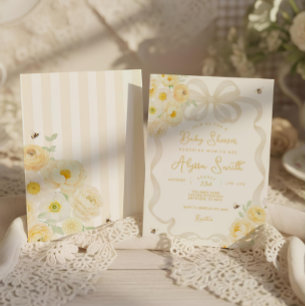 Mama-to-be-Babyparty mit gelben Streifen und flora Einladung