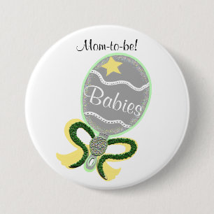 Mama to be Yellow Star Green Bow Baby Rattle Showe Button