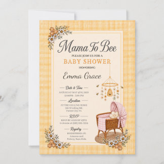 Mama to Bee Baby Shower mit blauem Karo-Kinderbett Einladung