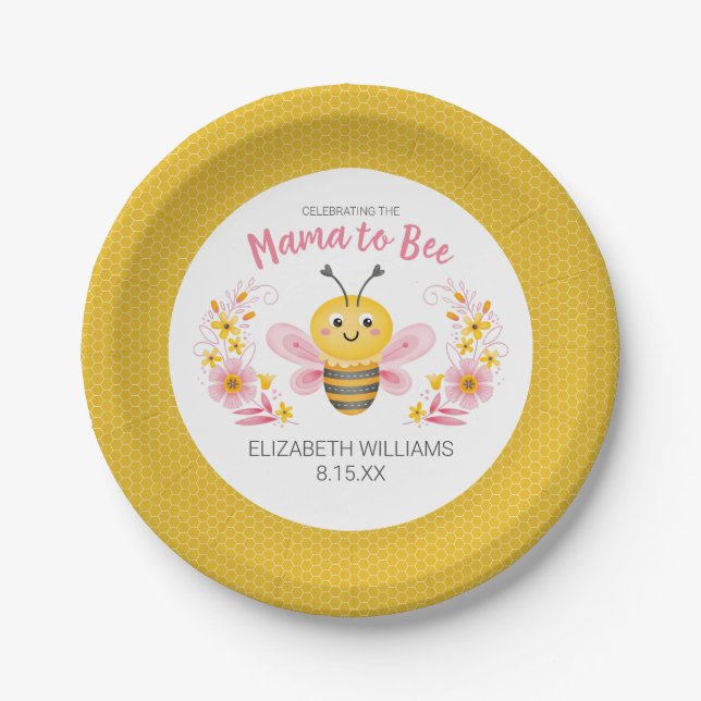 Mama to Bee Yellow Pink Baby Dusche Pappteller (Vorderseite)
