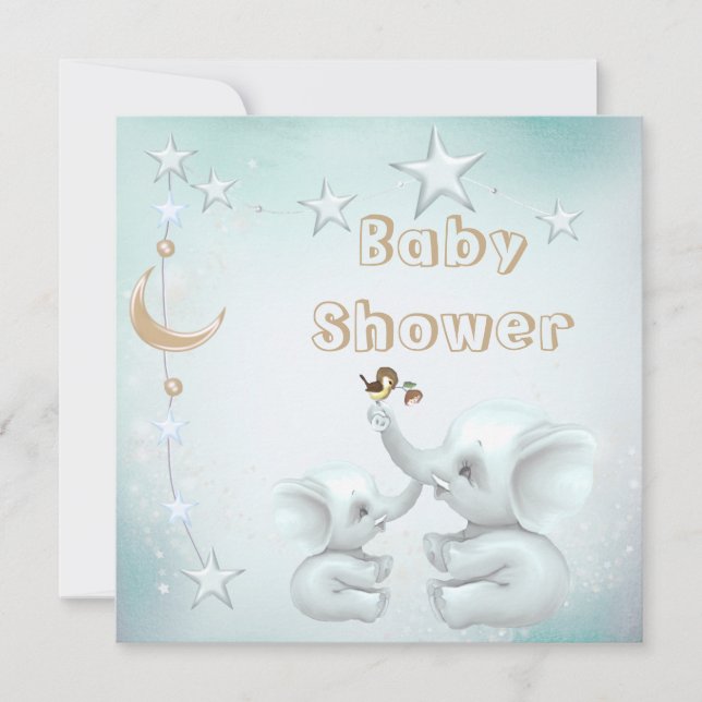 Mama-u. Baby-Elefant, Mond u. Stern-Baby-Dusche Einladung (Vorderseite)