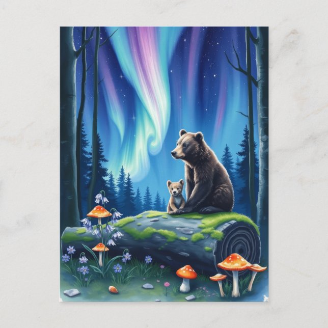 Mama und Baby Bear und die Nordlichter Postkarte (Vorderseite)