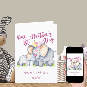 Mama und Baby Elefant Rosa 1. Muttertags-Karte Feiertagskarte