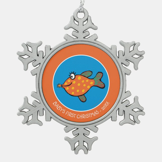 Mama-und Baby-Fisch-Küsse Schneeflocken Zinn-Ornament (Vorderseite)