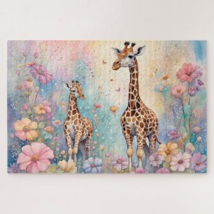 Mama und Baby Giraffe im Pastelgarten Puzzle