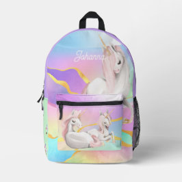 Mama und Baby Unicorns über dem Regenbogen-individ Bedruckter Rucksack