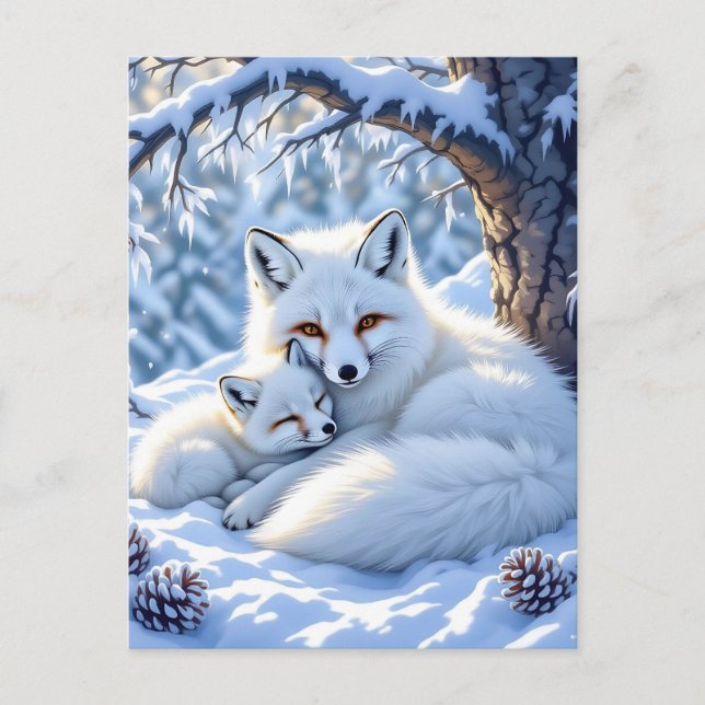 Mama und Baby White Foxes im Schnee Postkarte (Vorderseite)