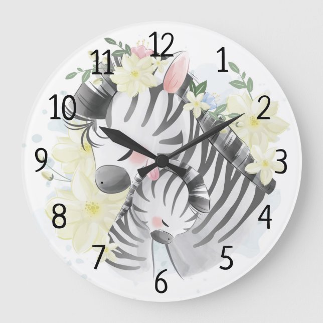 Mama und Baby Zebra Large Clock Große Wanduhr (Vorderseite)