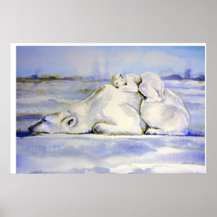 Mama und Jungtier Eisbär Aquarell Poster