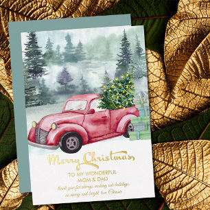 Mama und Papa Vintage roter LKW Weihnachtsbaum Gol Folien Feiertagskarte
