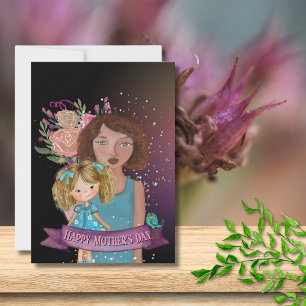 Mama und Tochter-Illustration mit Blume Feiertagskarte
