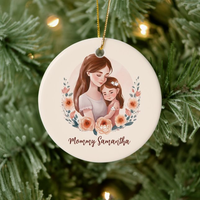 Mama und Tochter mit Rose Kranz Keramik Ornament (Baum)