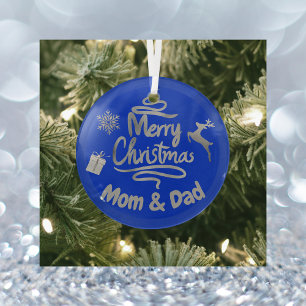 Mama und Vater Frohe Weihnachten Silber auf Blau   Ornament Aus Glas