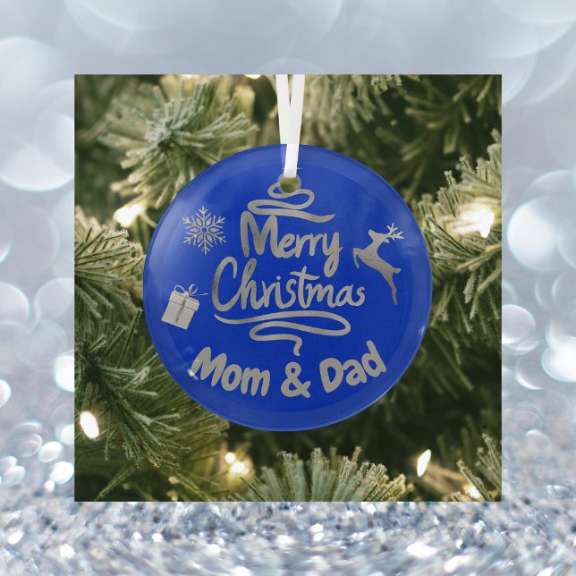 Mama und Vater Frohe Weihnachten Silber auf Blau | Ornament Aus Glas (Von Creator hochgeladen)